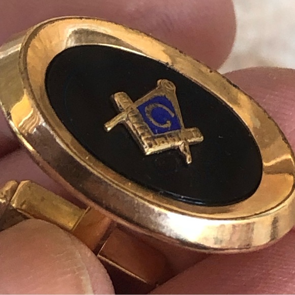 Vintage G Masonic Masons Logo Enamel oval Onyx Cufflinks Gold Filled - Picture 3 of 8